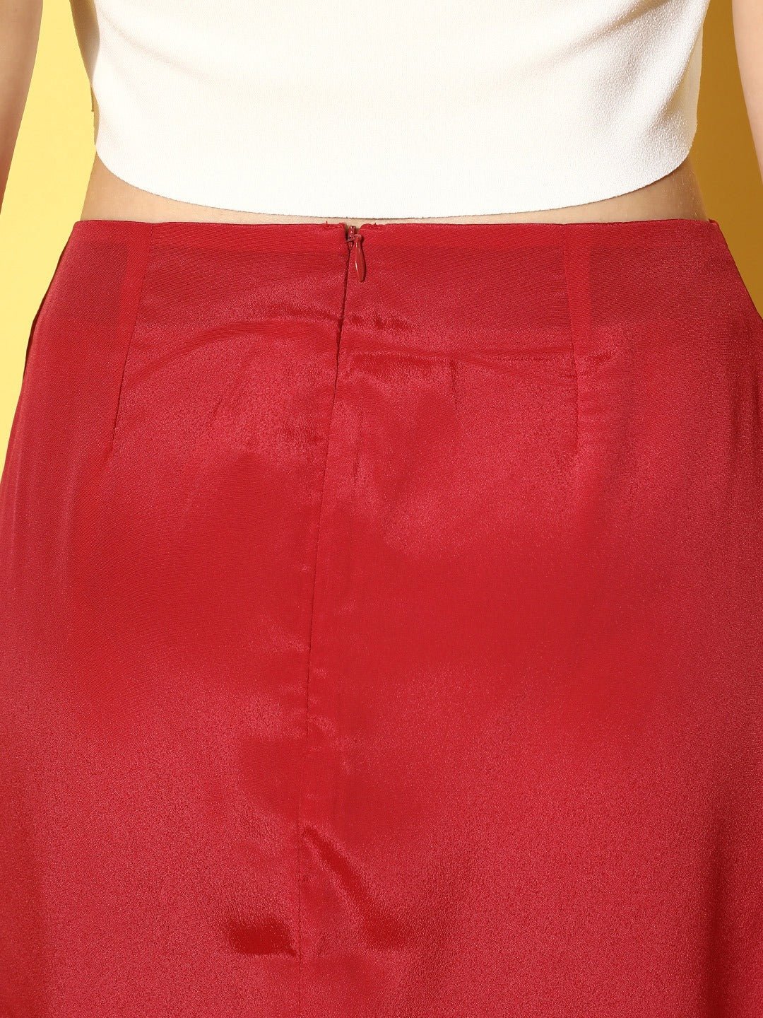 Folk Republic Women Solid Red Satin Finish Front Slit Straight Hem A-Line Mini Skirt - #folk republic#