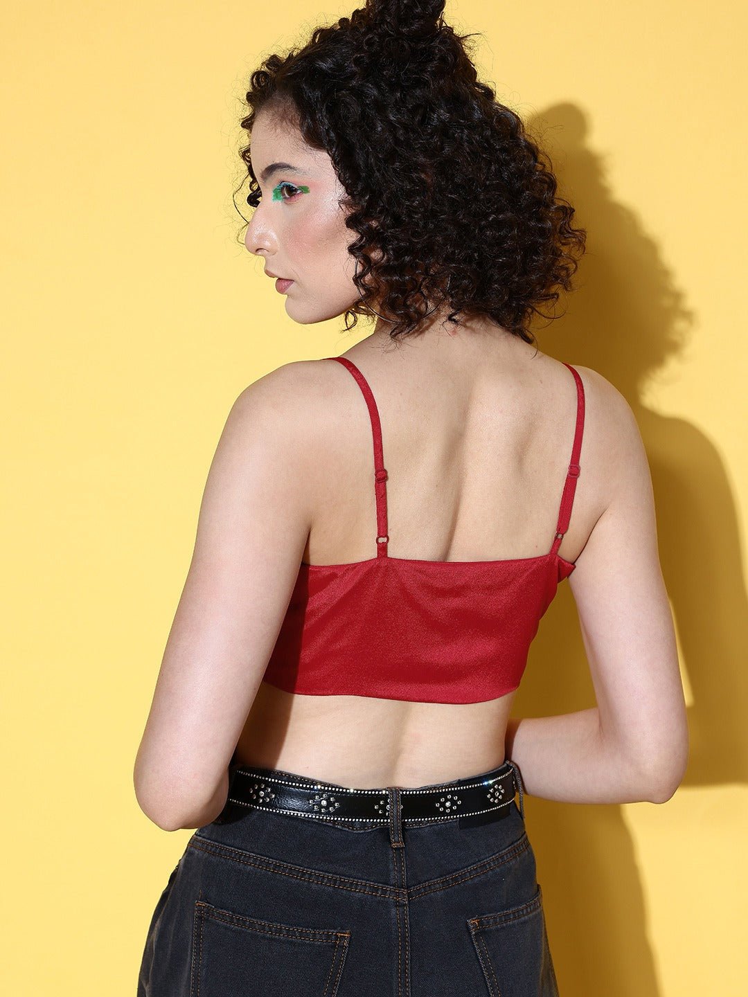 Folk Republic Women Solid Red Square Neck Sleeveless Satin Cropped Top - #folk republic#