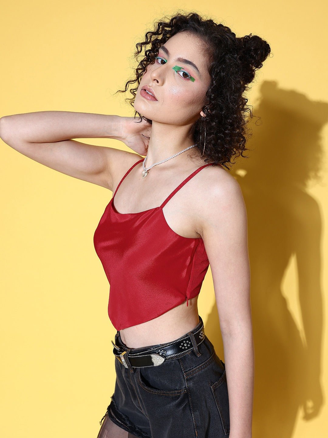 Folk Republic Women Solid Red Square Neck Sleeveless Satin Cropped Top - #folk republic#