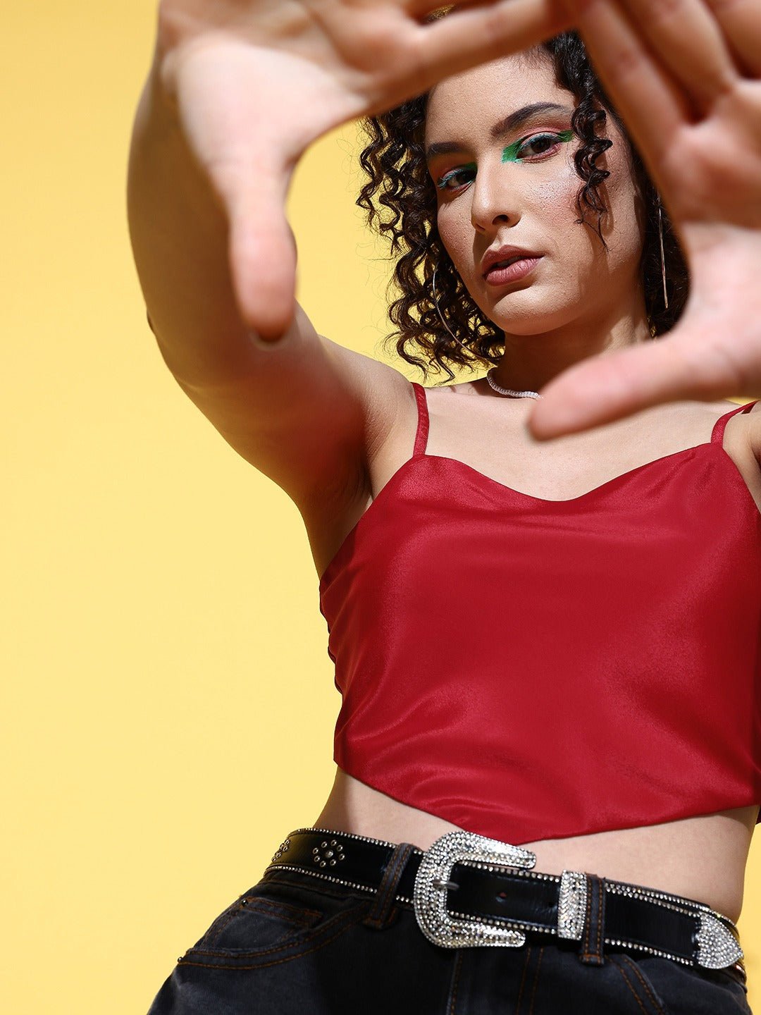 Folk Republic Women Solid Red Square Neck Sleeveless Satin Cropped Top - #folk republic#