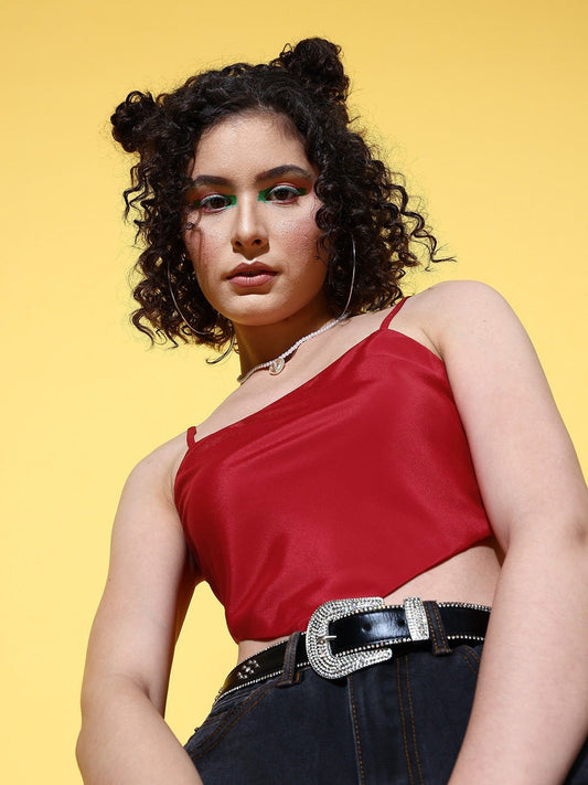 Folk Republic Women Solid Red Square Neck Sleeveless Satin Cropped Top - #folk republic#