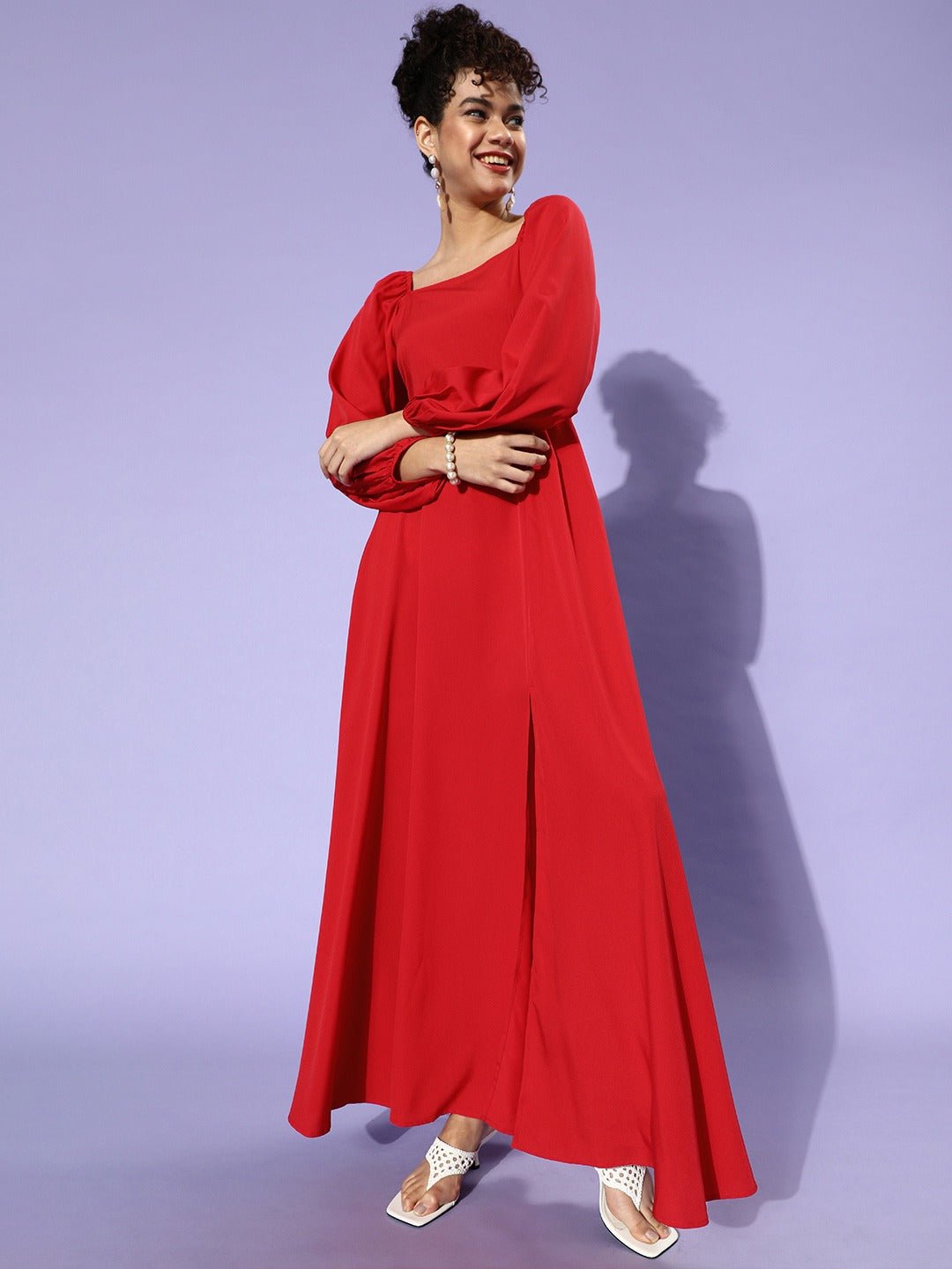 Folk Republic Women Solid Red Square-Neck Thigh-Slit Maxi Dress - #folk republic#