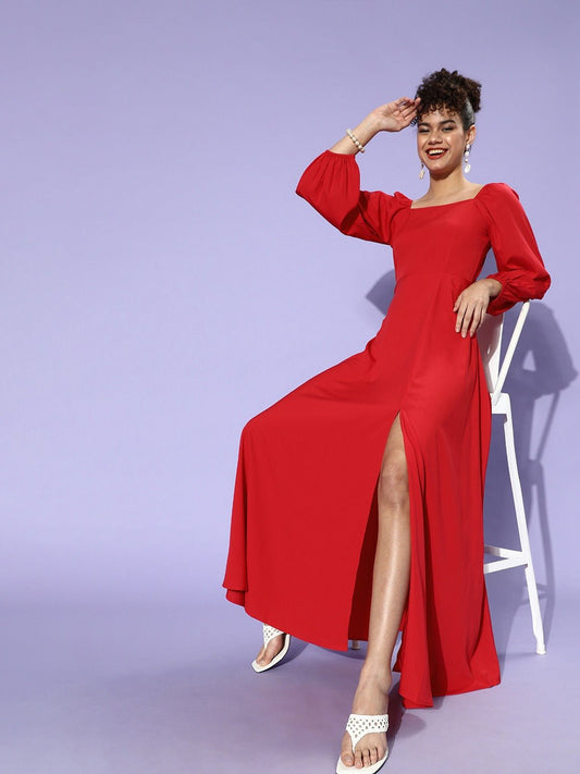 Folk Republic Women Solid Red Square-Neck Thigh-Slit Maxi Dress - #folk republic#