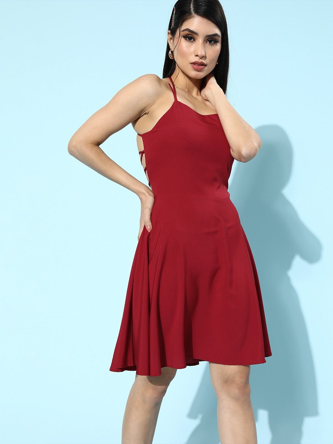 Folk Republic Women Solid Red Square-Neck Tie-Up A-Line Mini Dress - #folk republic#