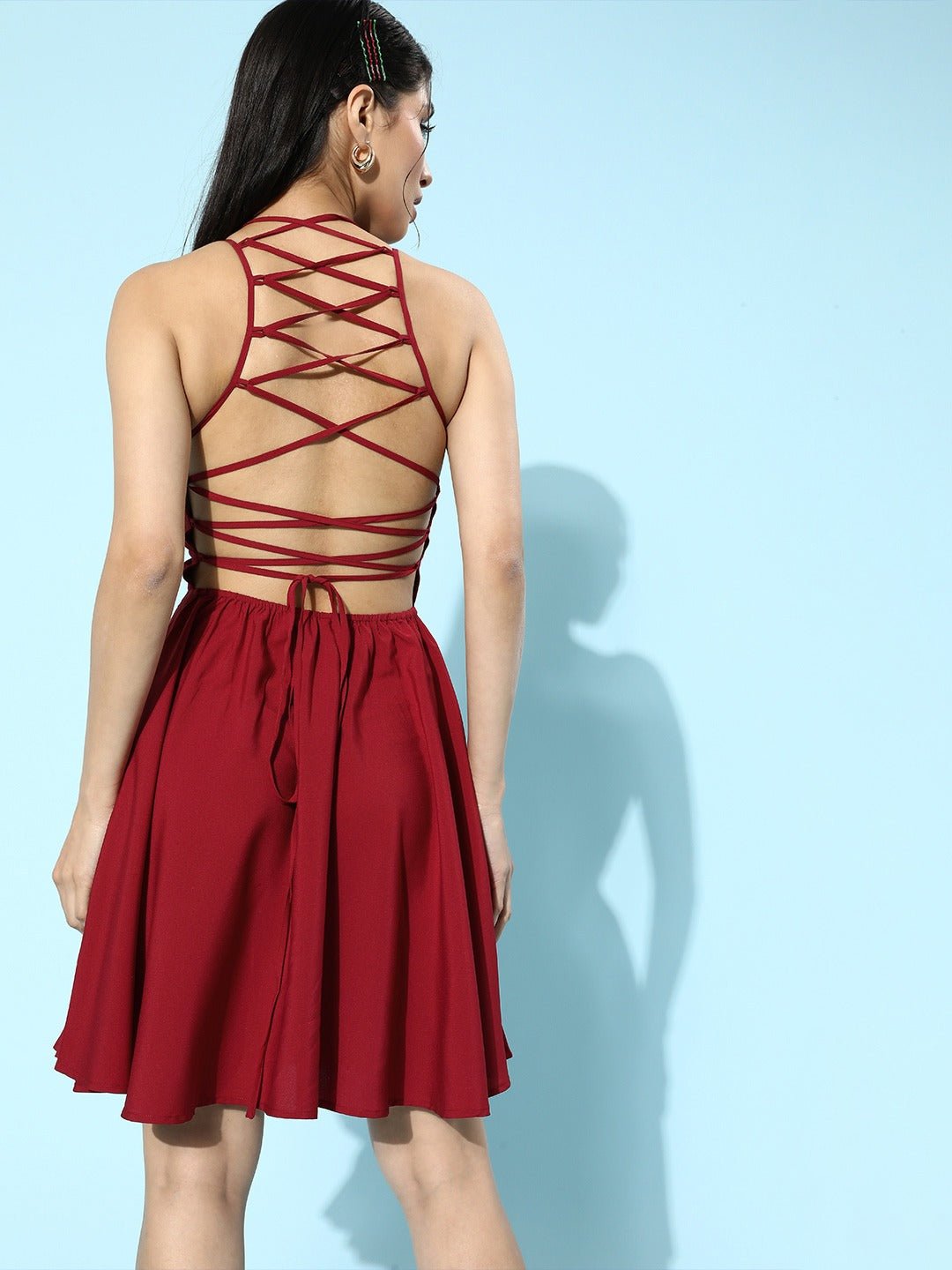 Folk Republic Women Solid Red Square-Neck Tie-Up A-Line Mini Dress - #folk republic#