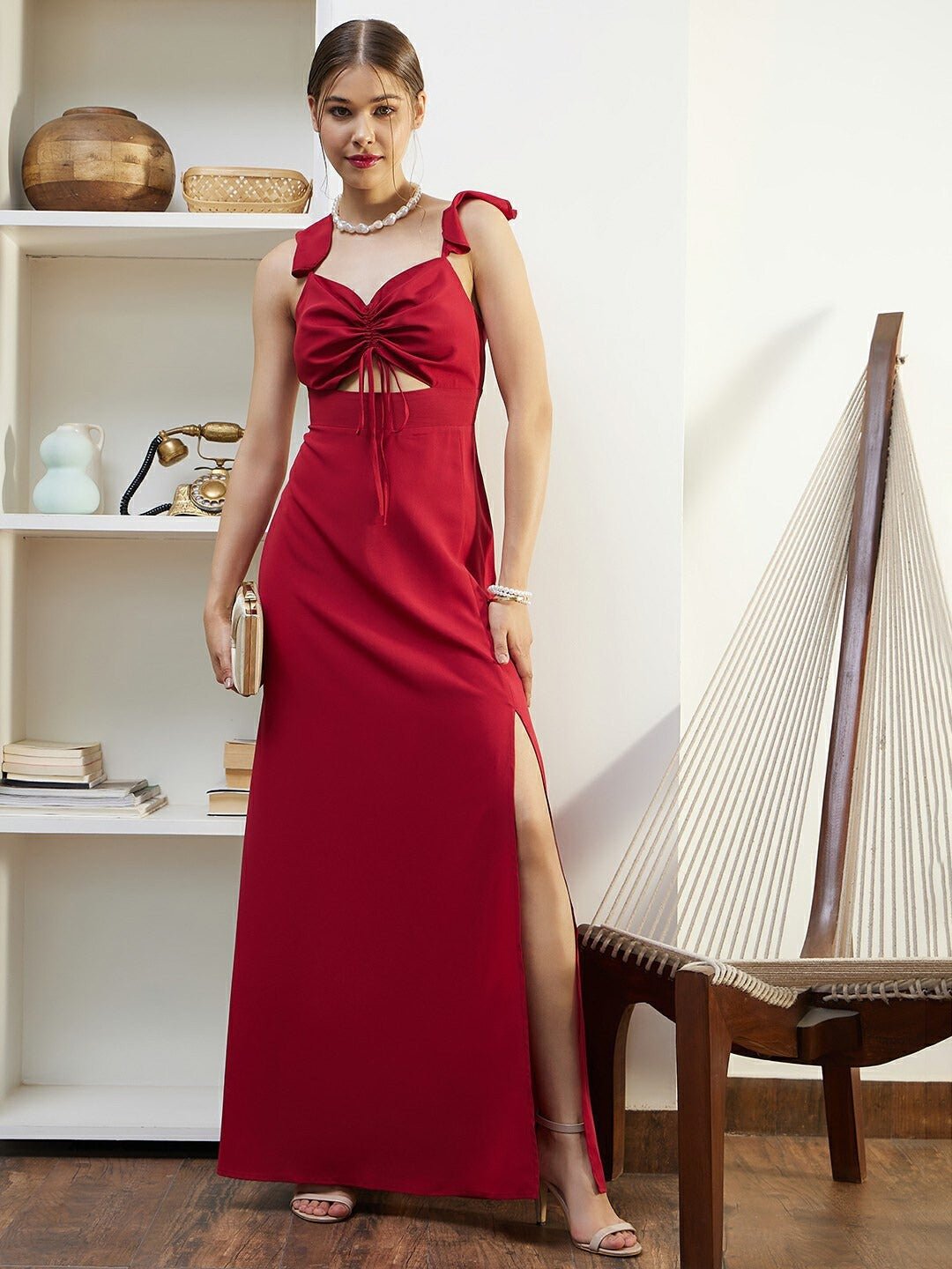 Folk Republic Women Solid Red Sweetheart Neck Cut-Out Tie-Up Thigh-High Slit Straight Hem Maxi Dress - #folk republic#