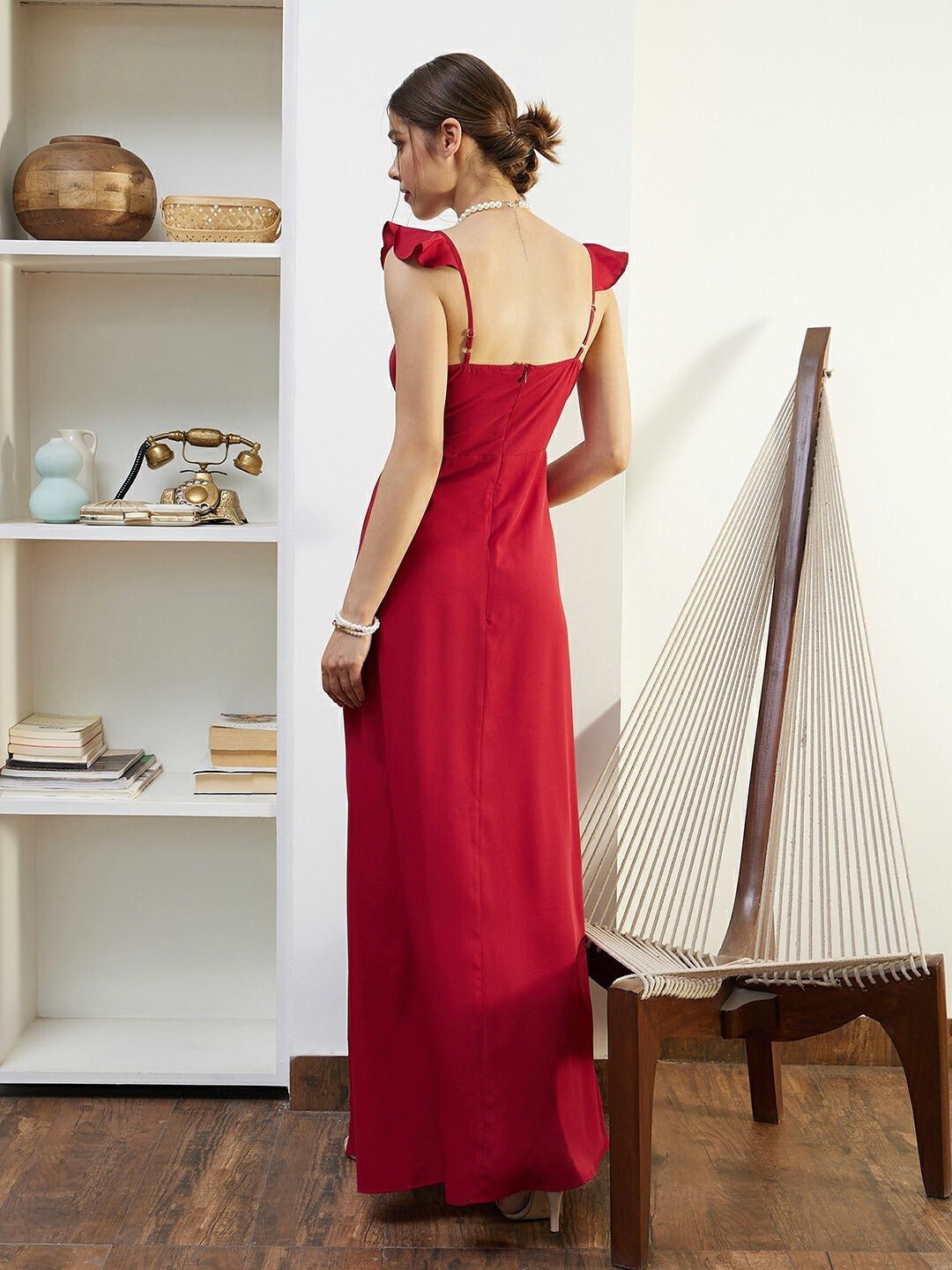 Folk Republic Women Solid Red Sweetheart Neck Cut-Out Tie-Up Thigh-High Slit Straight Hem Maxi Dress - #folk republic#