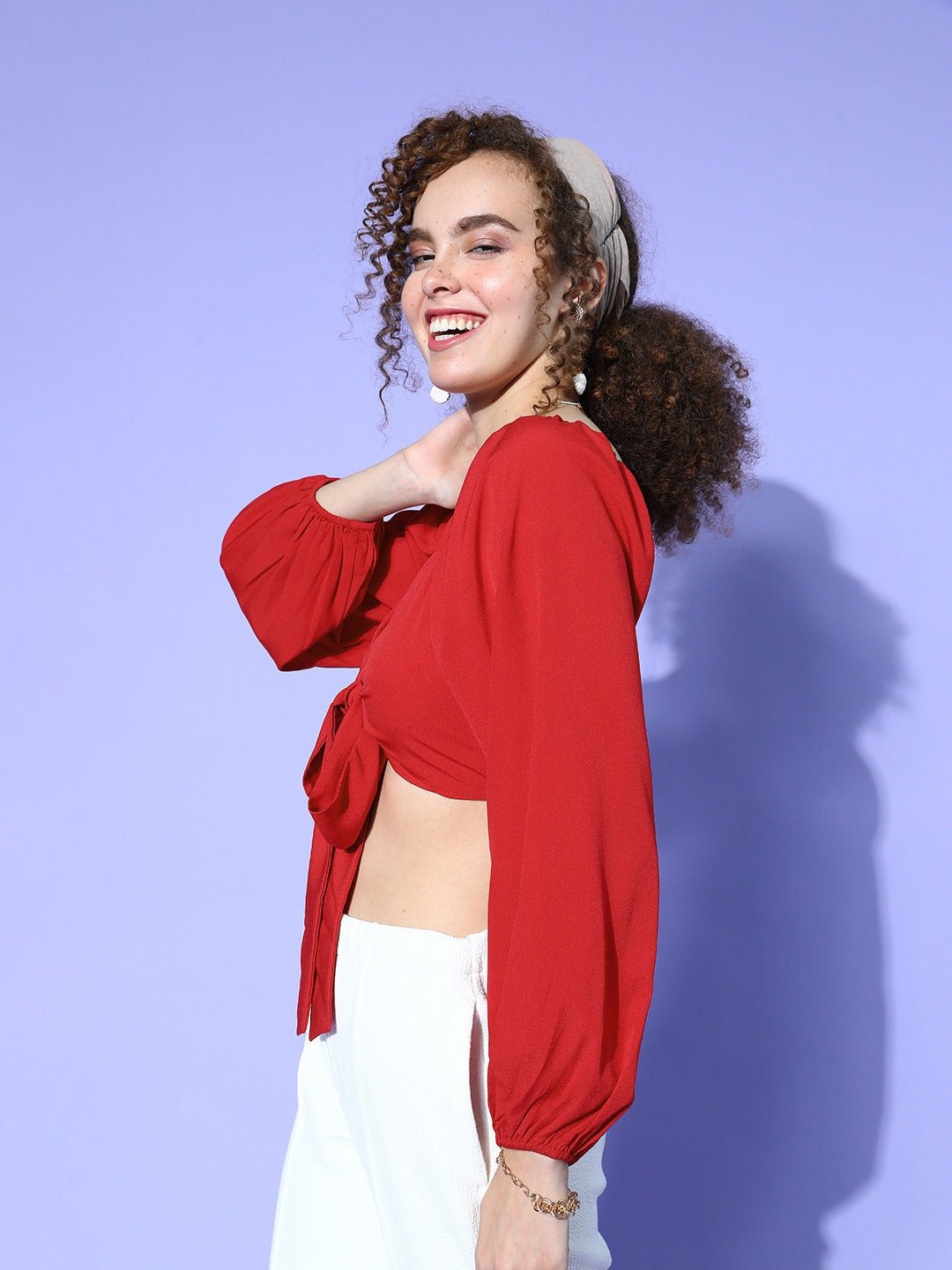 Folk Republic Women Solid Red Sweetheart Neck Front Tie-Up Crepe Cropped Top - #folk republic#