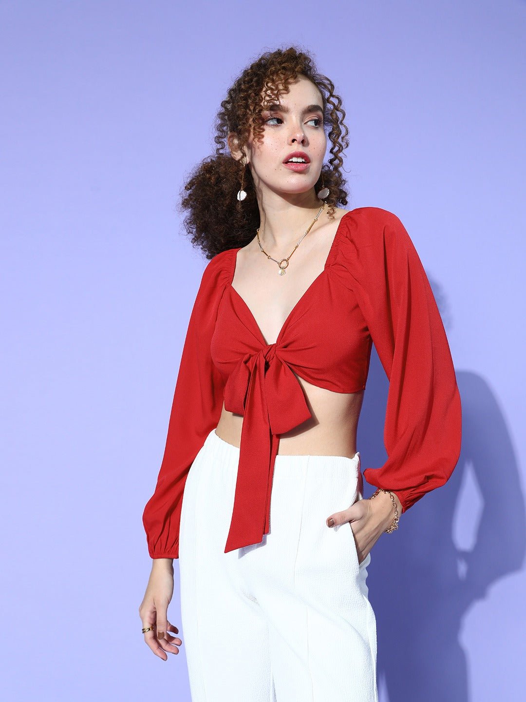 Folk Republic Women Solid Red Sweetheart Neck Front Tie-Up Crepe Cropped Top - #folk republic#