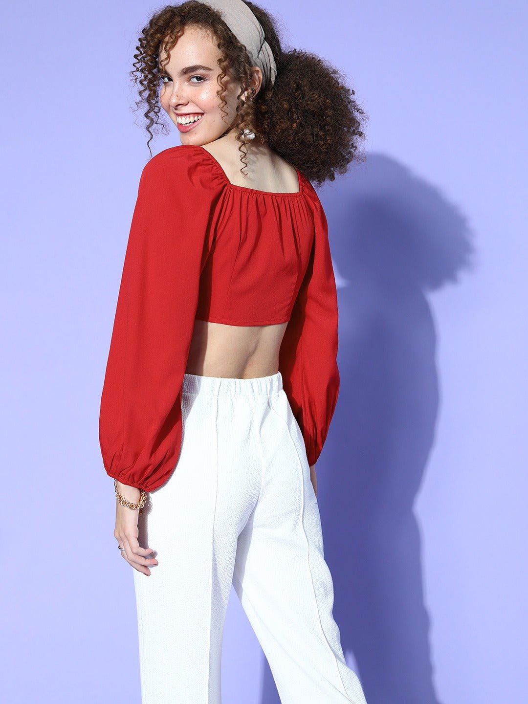 Folk Republic Women Solid Red Sweetheart Neck Front Tie-Up Crepe Cropped Top - #folk republic#
