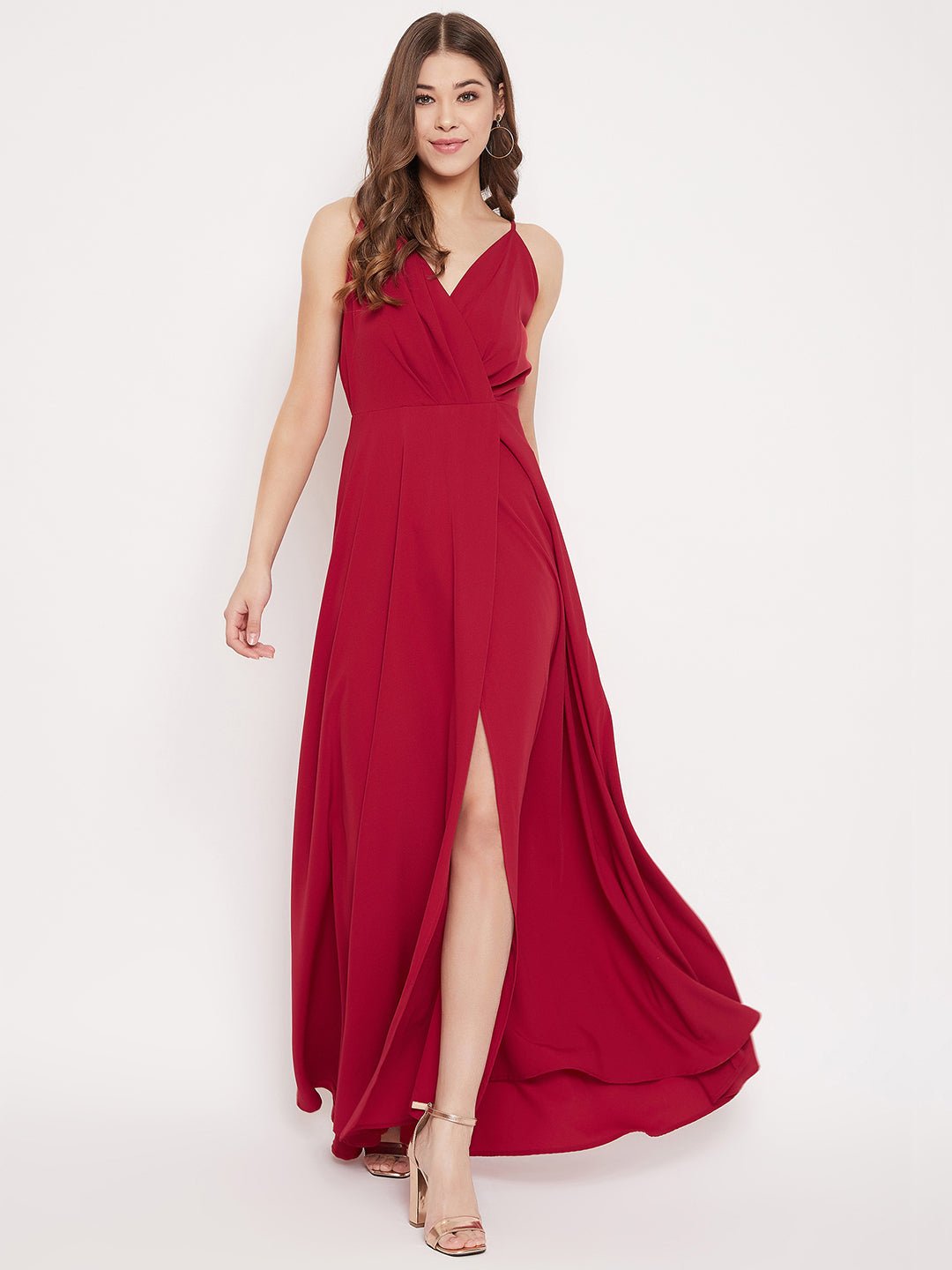 Folk Republic Women Solid Red V-Neck Flared Maxi Dress - #folk republic#