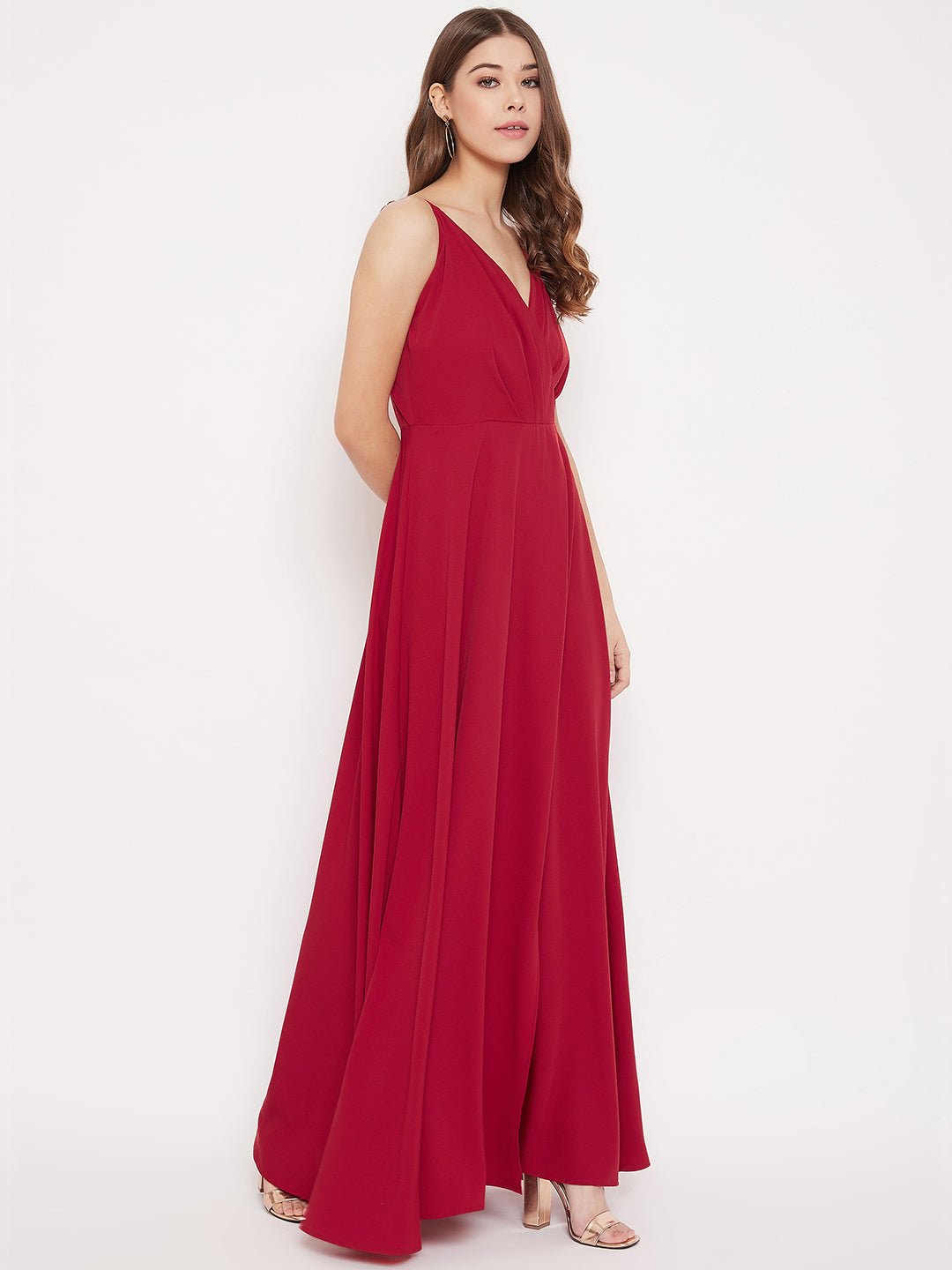 Folk Republic Women Solid Red V-Neck Flared Maxi Dress - #folk republic#