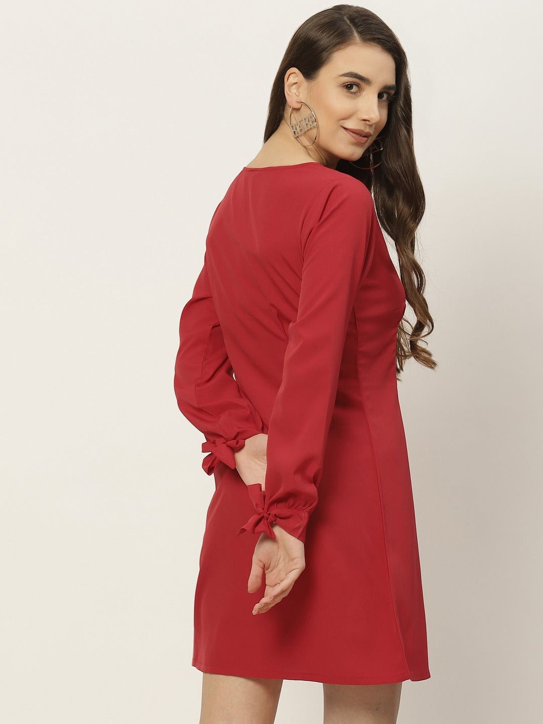 Folk Republic Women Solid Red V-Neck Front Button-Up Crepe Flared Mini Shirt Dress - #folk republic#