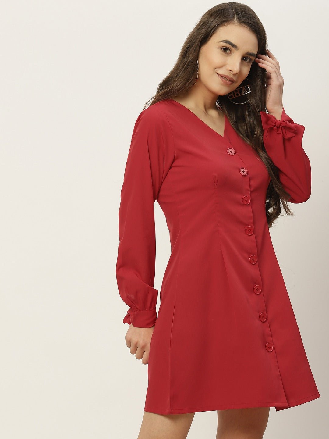 Folk Republic Women Solid Red V-Neck Front Button-Up Crepe Flared Mini Shirt Dress - #folk republic#