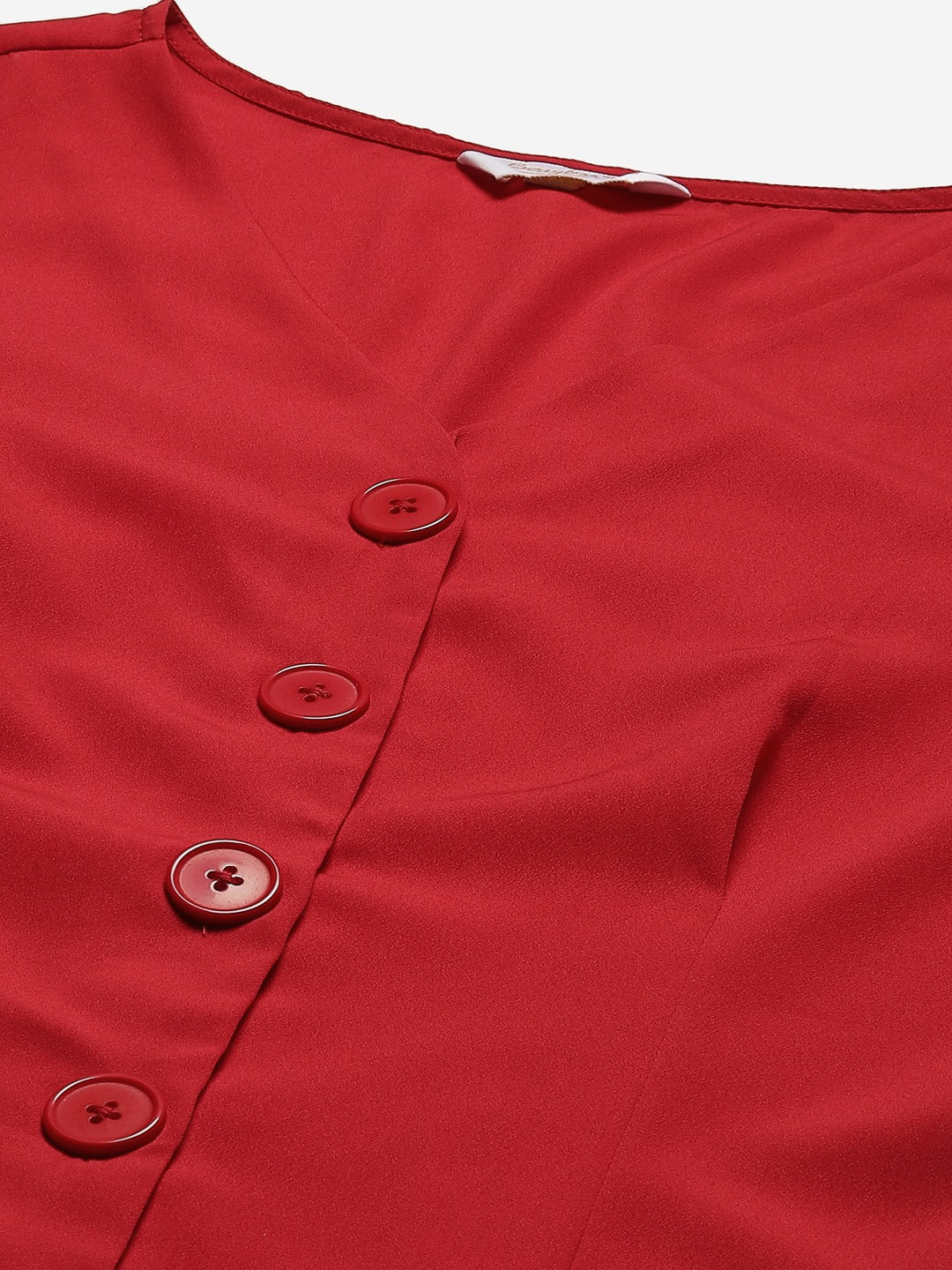 Folk Republic Women Solid Red V-Neck Front Button-Up Crepe Flared Mini Shirt Dress - #folk republic#