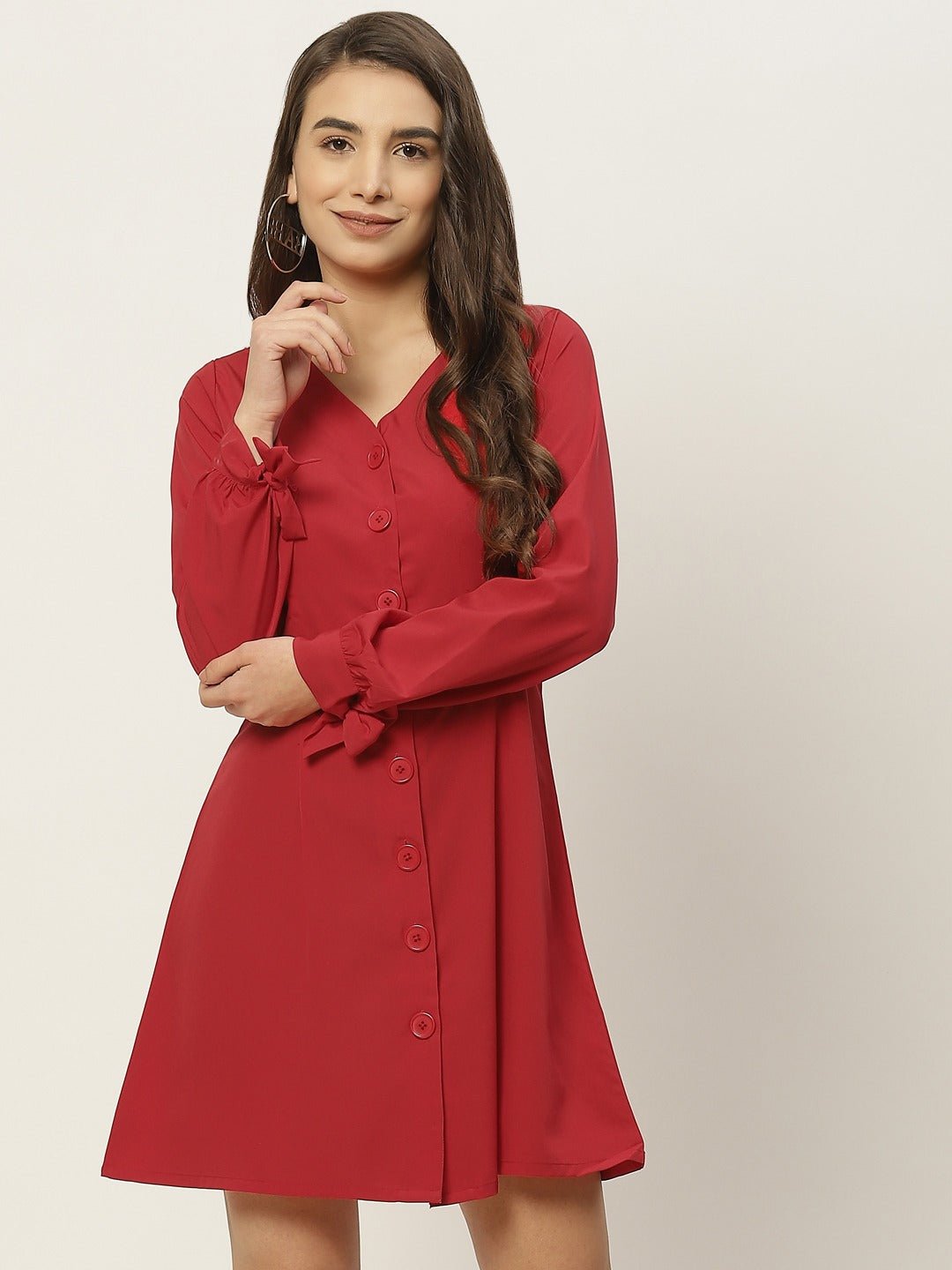 Folk Republic Women Solid Red V-Neck Front Button-Up Crepe Flared Mini Shirt Dress - #folk republic#