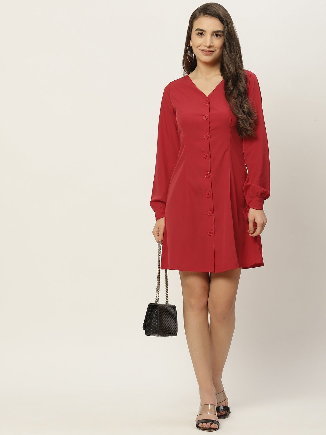 Folk Republic Women Solid Red V-Neck Front Button-Up Crepe Flared Mini Shirt Dress - #folk republic#