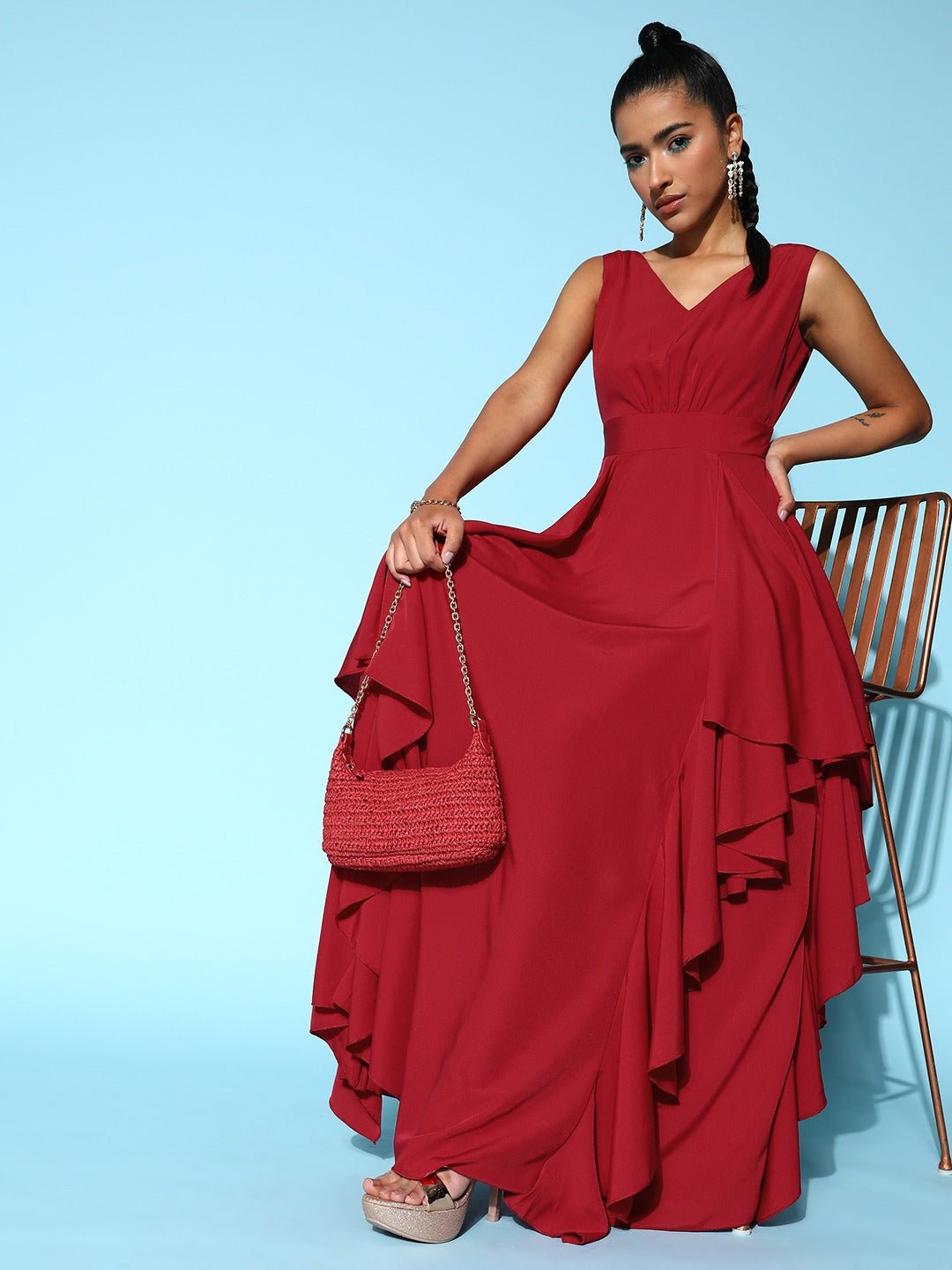 Folk Republic Women Solid Red V-Neck Open-Back Crepe Layered Maxi Dress - #folk republic#