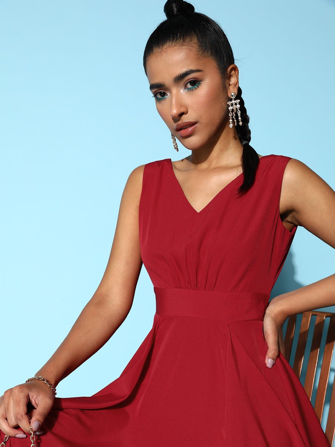 Folk Republic Women Solid Red V-Neck Open-Back Crepe Layered Maxi Dress - #folk republic#