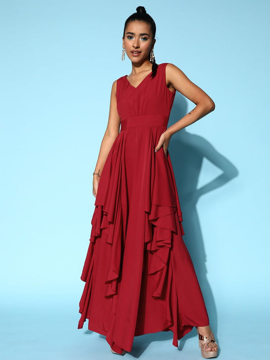 Folk Republic Women Solid Red V-Neck Open-Back Crepe Layered Maxi Dress - #folk republic#