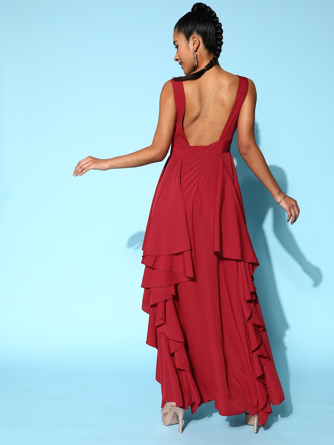 Folk Republic Women Solid Red V-Neck Open-Back Crepe Layered Maxi Dress - #folk republic#