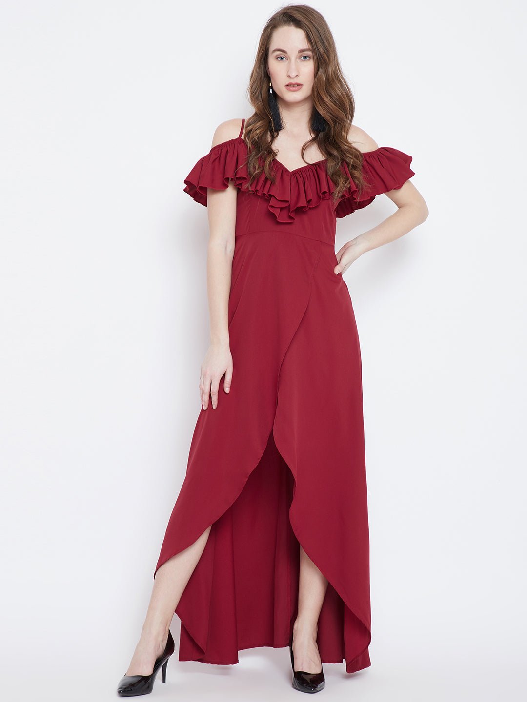 Folk Republic Women Solid Red V-Neck Tulip Hem Crepe Ruffled Maxi Dress - #folk republic#