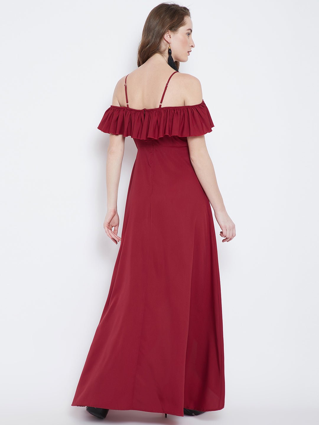 Folk Republic Women Solid Red V-Neck Tulip Hem Crepe Ruffled Maxi Dress - #folk republic#