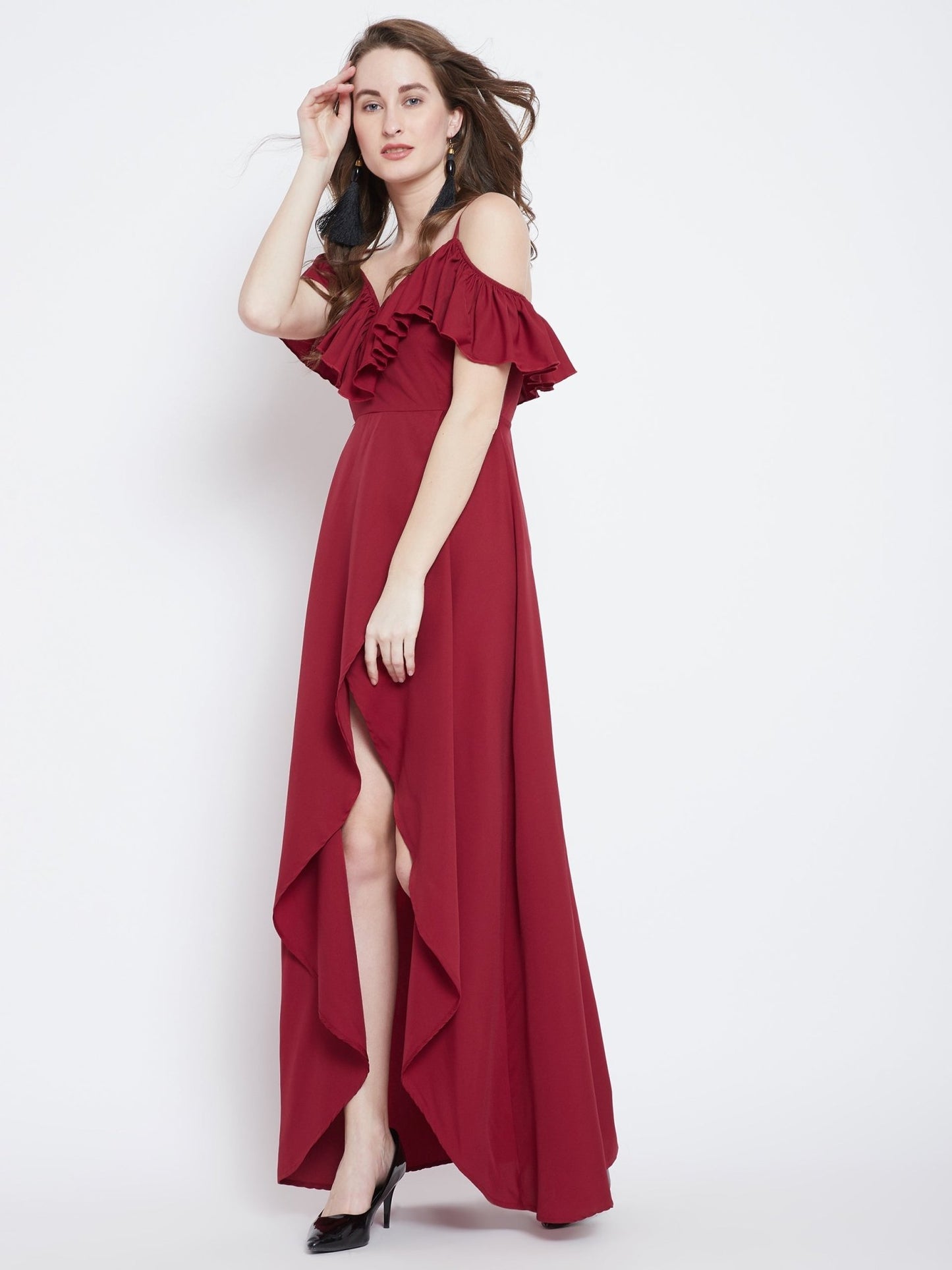 Folk Republic Women Solid Red V-Neck Tulip Hem Crepe Ruffled Maxi Dress - #folk republic#