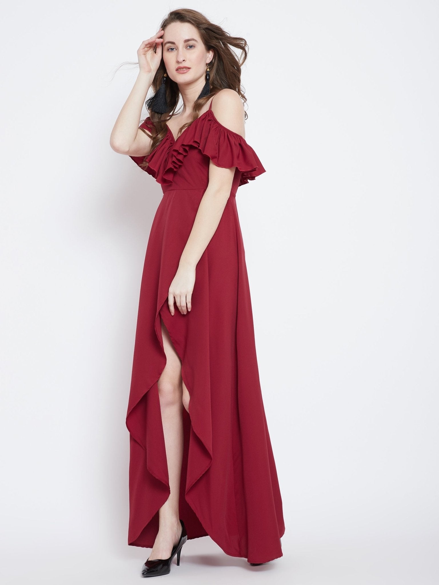 Folk Republic Women Solid Red V-Neck Tulip Hem Crepe Ruffled Maxi Dress - #folk republic#