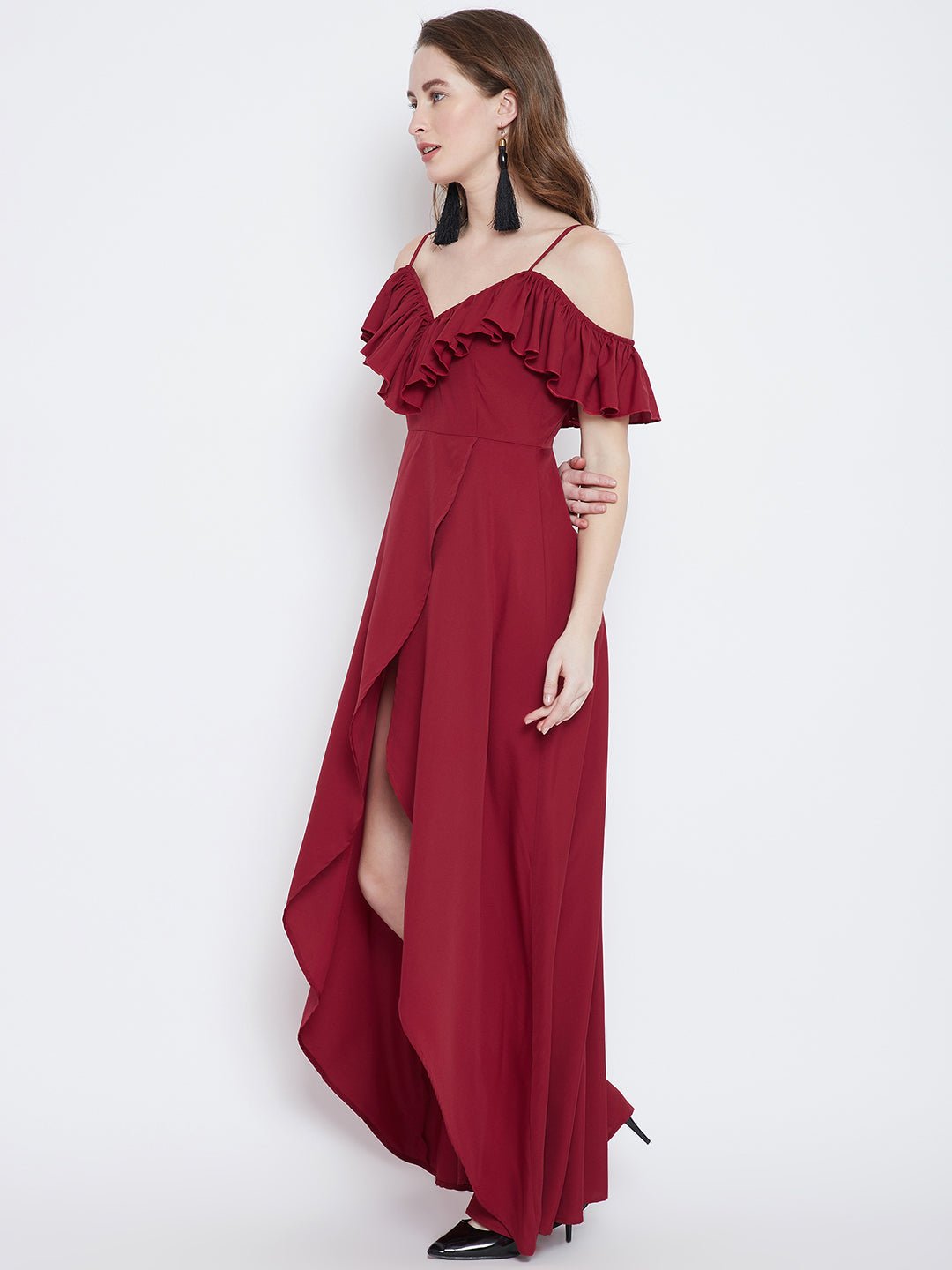 Folk Republic Women Solid Red V-Neck Tulip Hem Crepe Ruffled Maxi Dress - #folk republic#