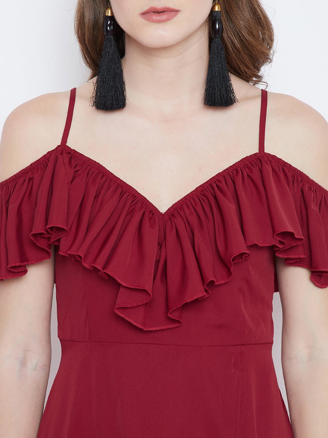 Folk Republic Women Solid Red V-Neck Tulip Hem Crepe Ruffled Maxi Dress - #folk republic#