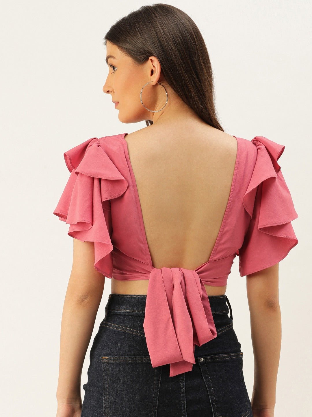 Folk Republic Women Solid Rose Pink Open-Back Blouson Crop Top - #folk republic#