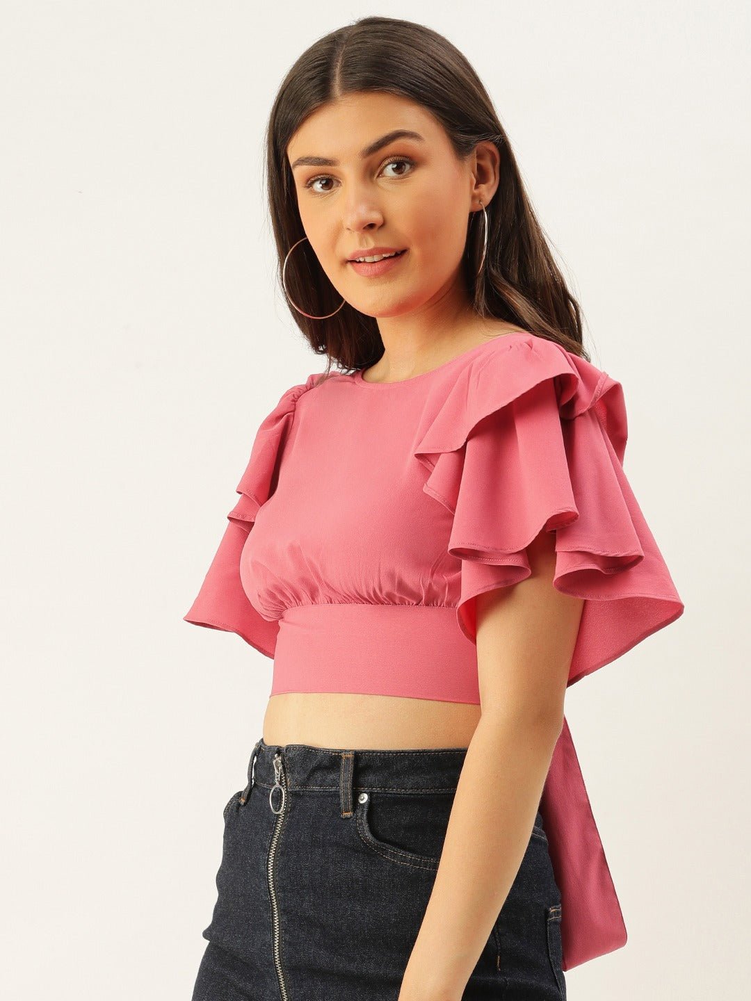 Folk Republic Women Solid Rose Pink Open-Back Blouson Crop Top - #folk republic#