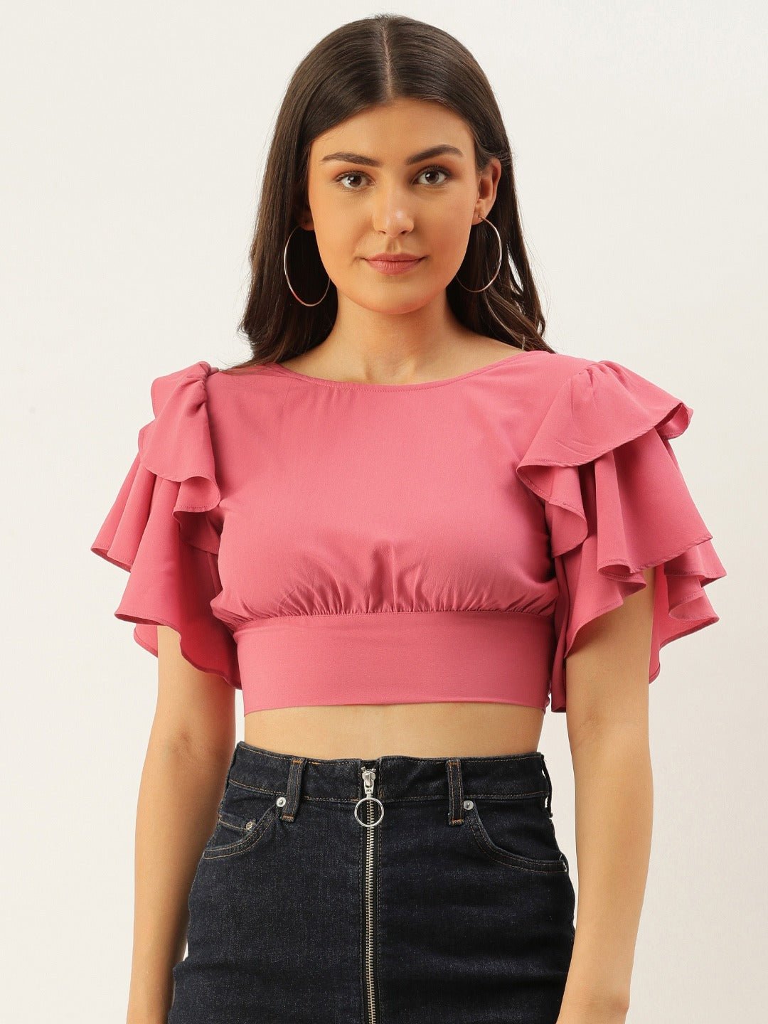 Folk Republic Women Solid Rose Pink Open-Back Blouson Crop Top - #folk republic#