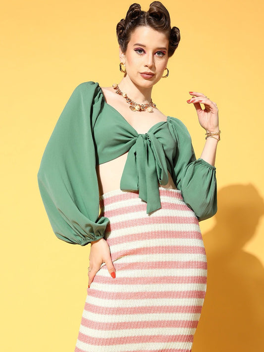 Folk Republic Women Solid Sage Green Sweetheart Neck Front Tie-Up Crepe Cropped Top - #folk republic#