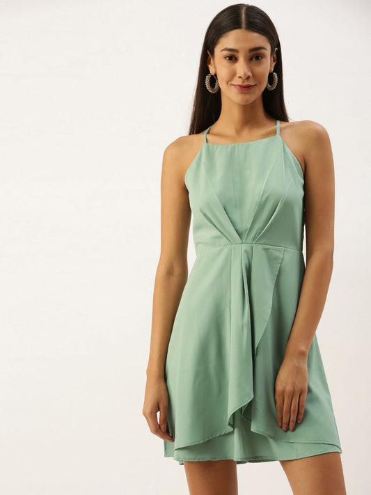 Folk Republic Women Solid Teal Green Halter Neck Mini Dress - #folk republic#