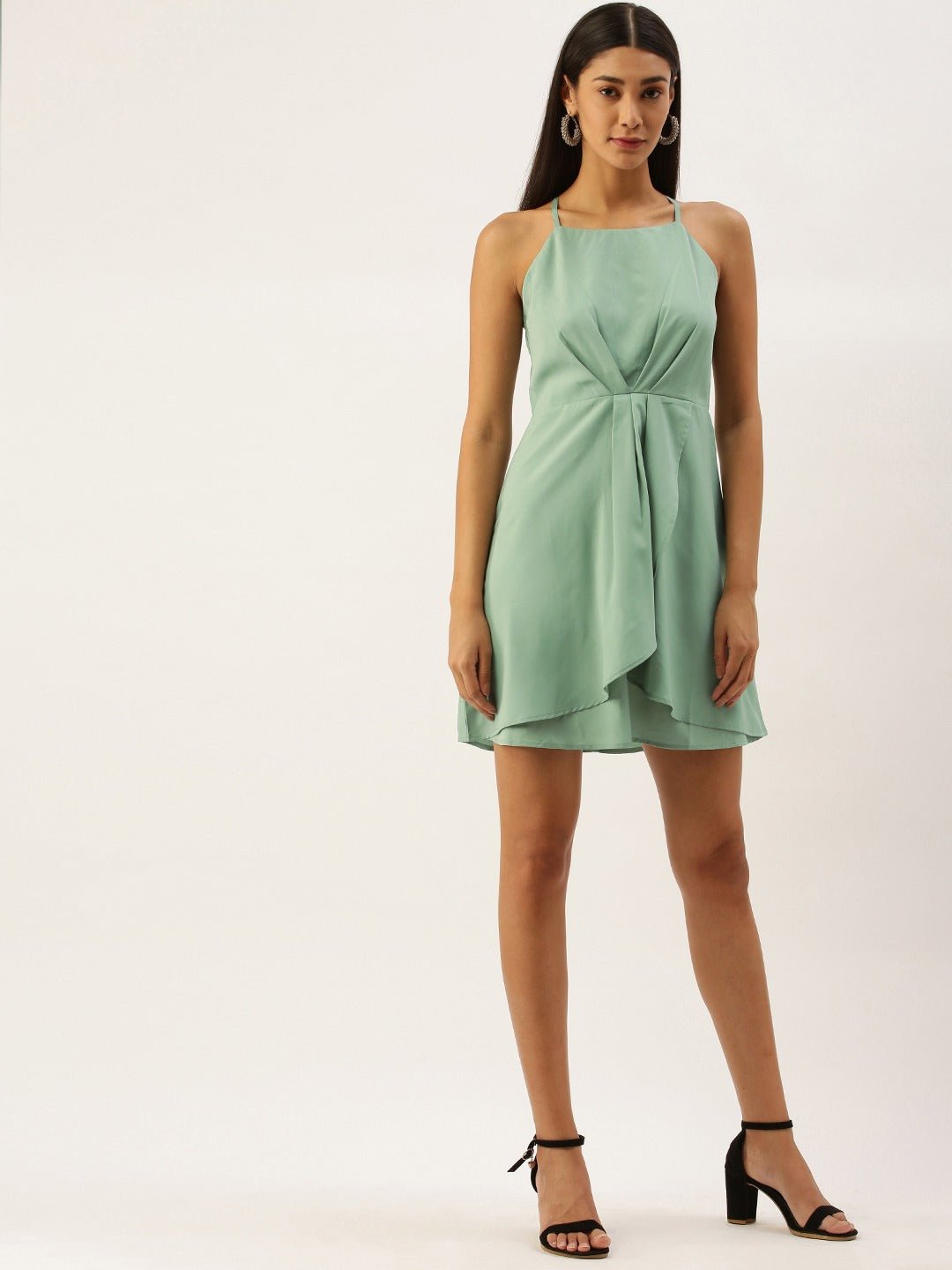 Folk Republic Women Solid Teal Green Halter Neck Mini Dress - #folk republic#