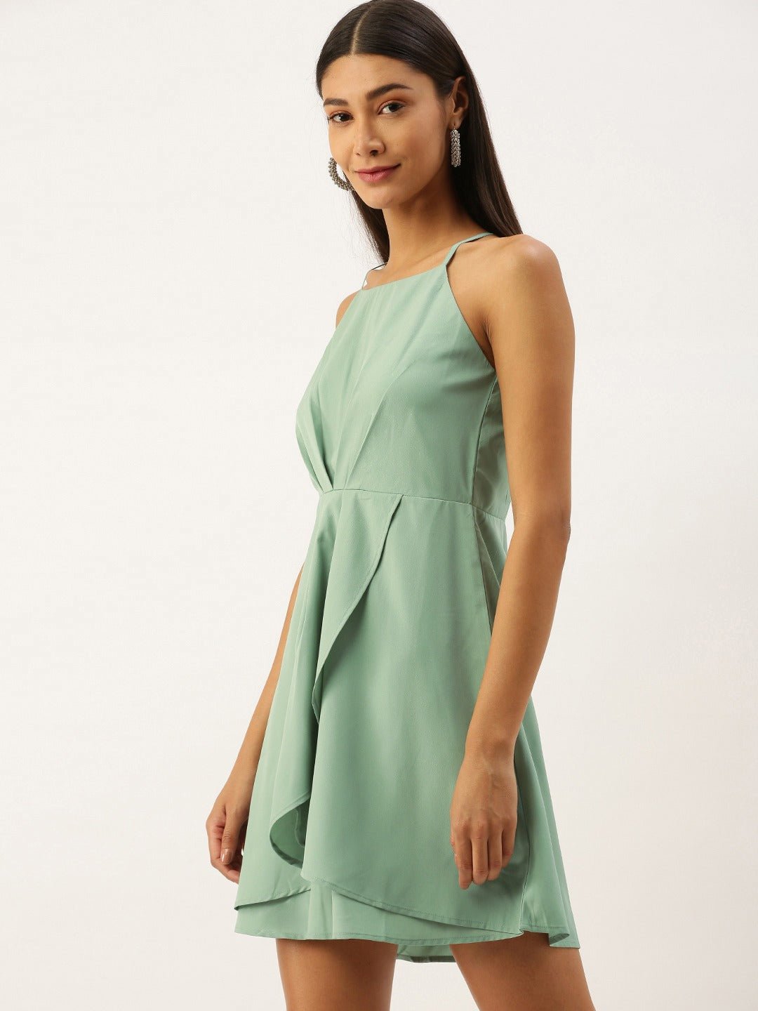 Folk Republic Women Solid Teal Green Halter Neck Mini Dress - #folk republic#