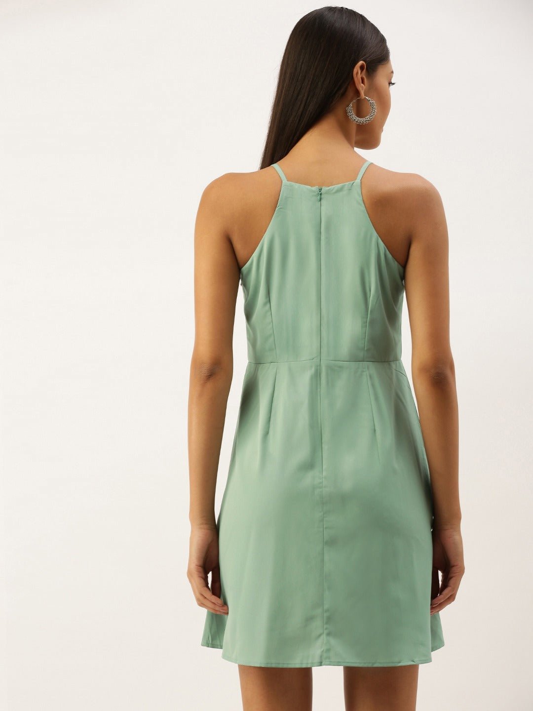 Folk Republic Women Solid Teal Green Halter Neck Mini Dress - #folk republic#