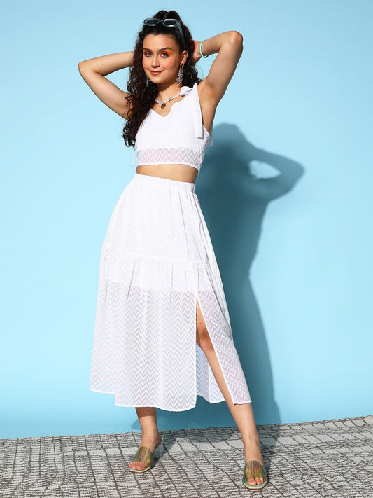 Folk Republic Women Solid White Back Tie Shoulder Crop Cami Top & Slited Midi Skirt Co-Ord Set - #folk republic#