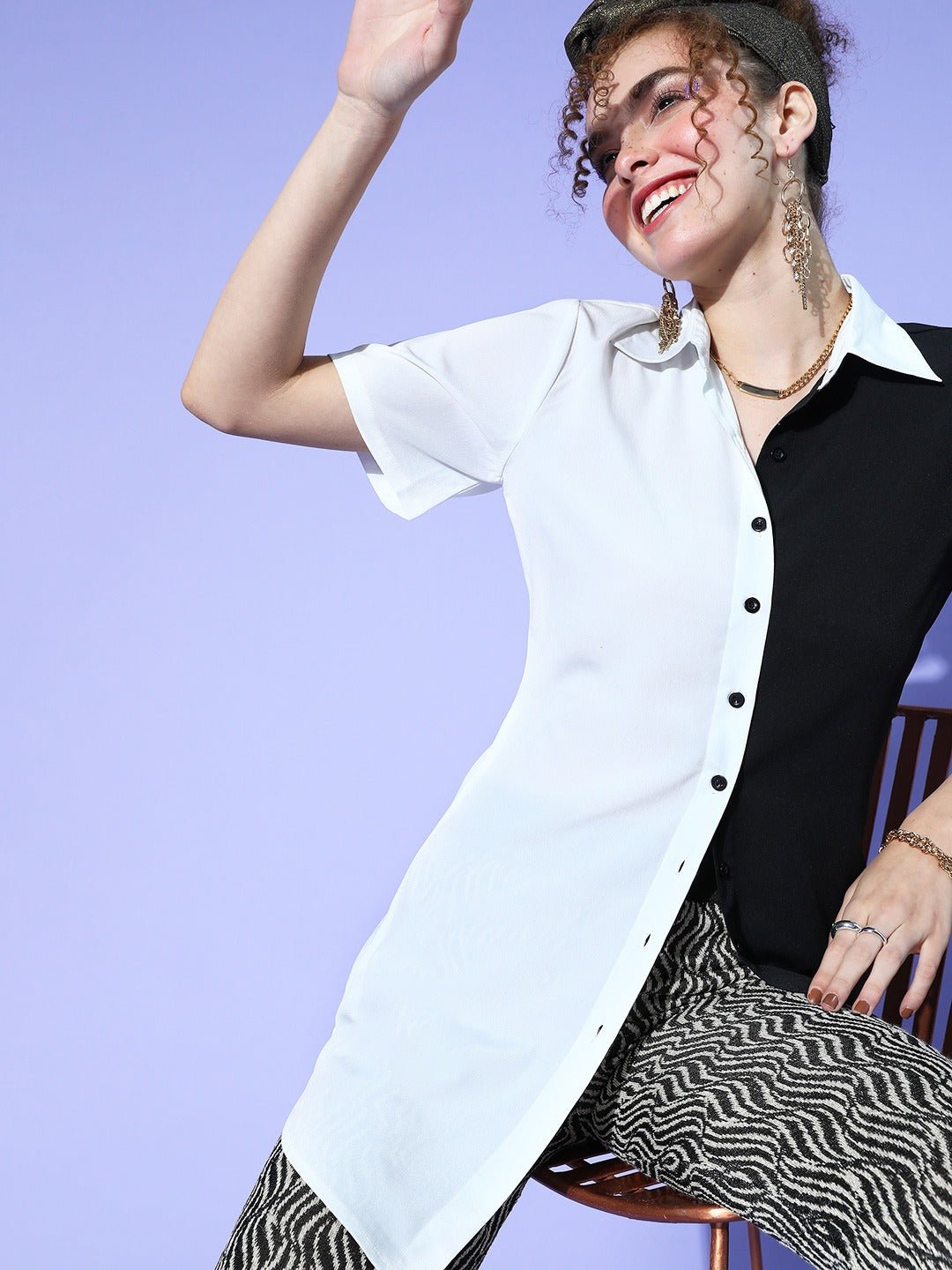 Folk Republic Women Solid White & Black Colourblocked Collar Neck Front Button Lined Shirt Top - #folk republic#