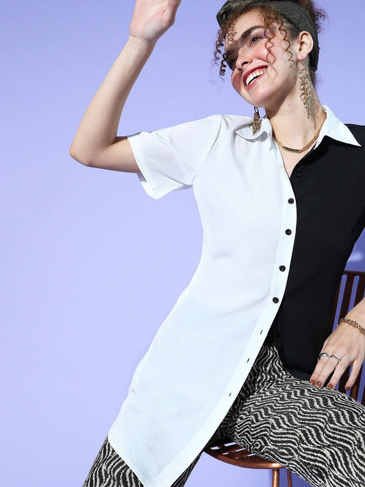 Folk Republic Women Solid White & Black Colourblocked Collar Neck Front Button Lined Shirt Top - #folk republic#