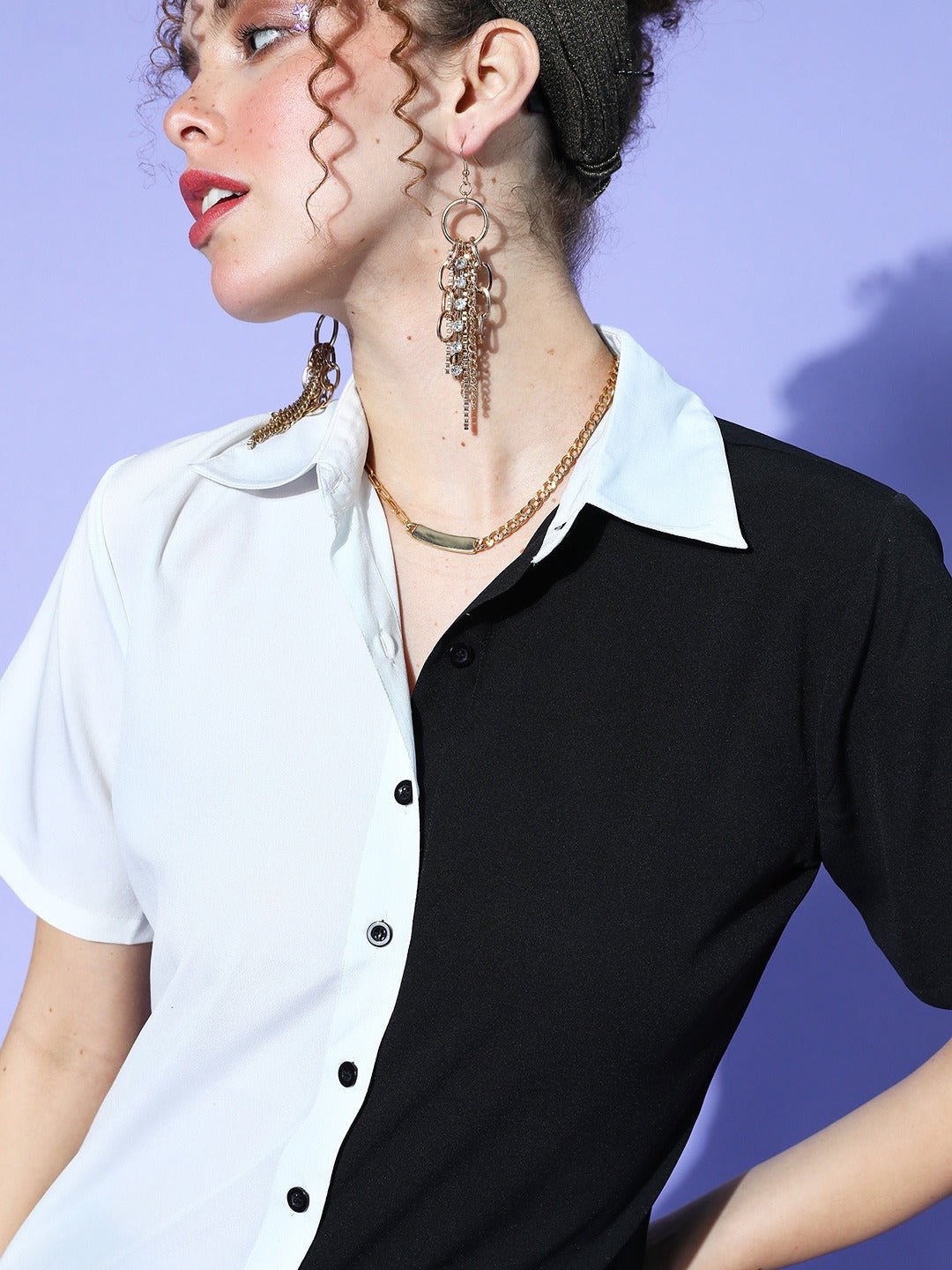 Folk Republic Women Solid White & Black Colourblocked Collar Neck Front Button Lined Shirt Top - #folk republic#