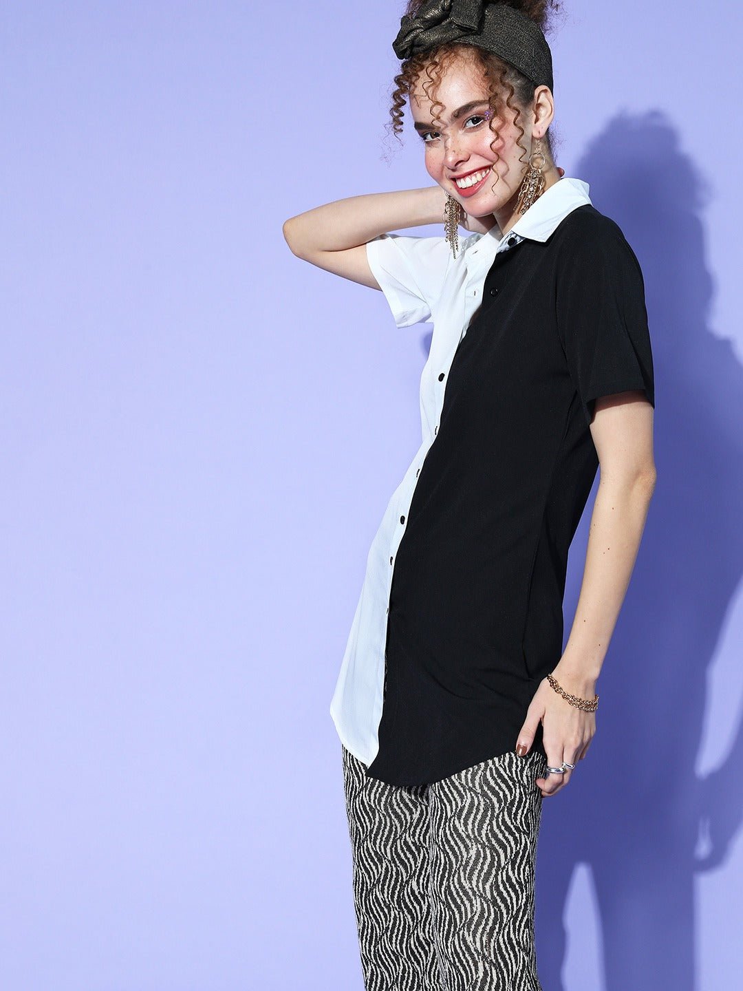 Folk Republic Women Solid White & Black Colourblocked Collar Neck Front Button Lined Shirt Top - #folk republic#