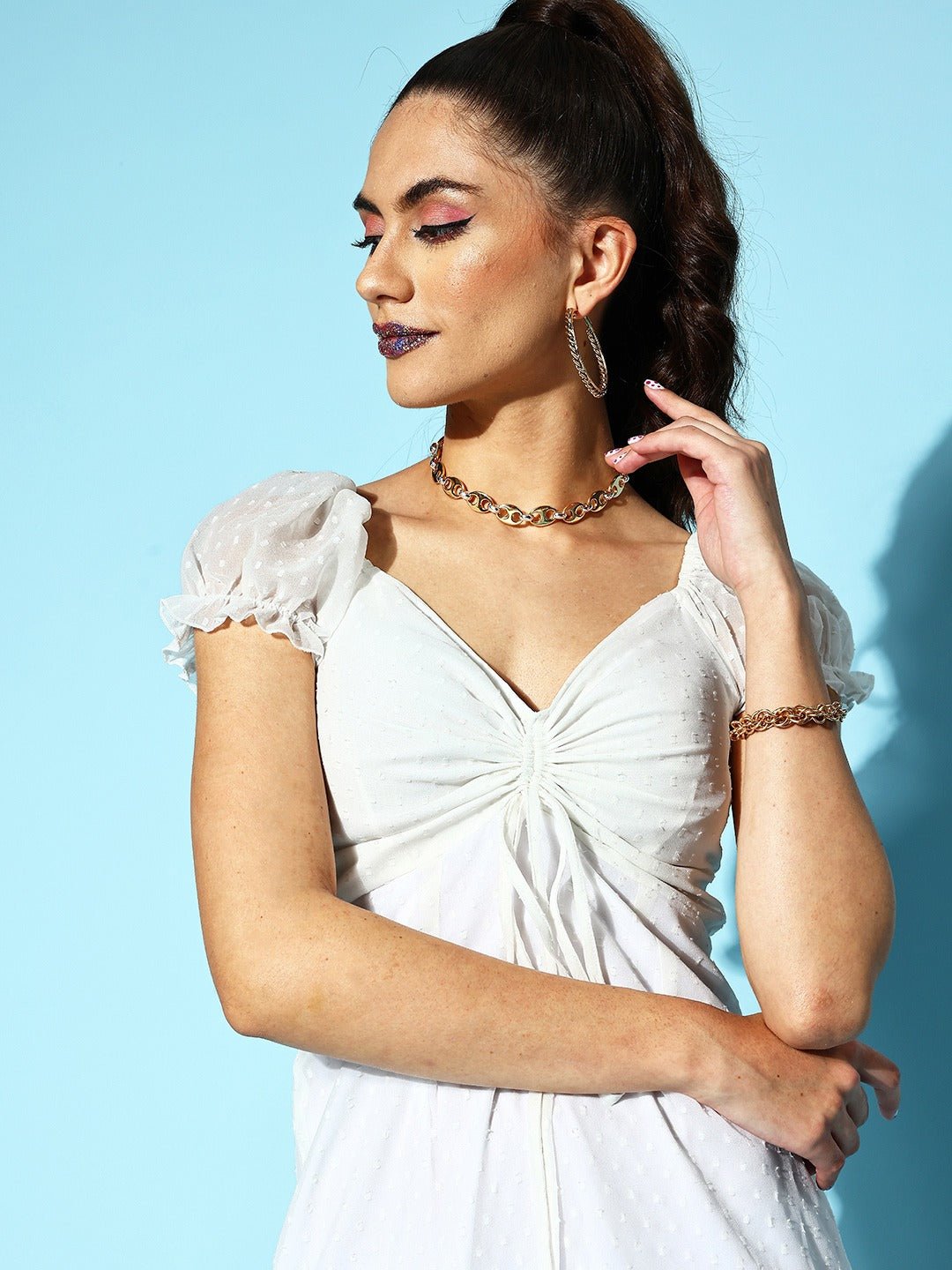 Folk Republic Women Solid White Dobby Weave Sweetheart Neck Georgette Flounce Hem Ruffled A-Line Mini Dress - #folk republic#