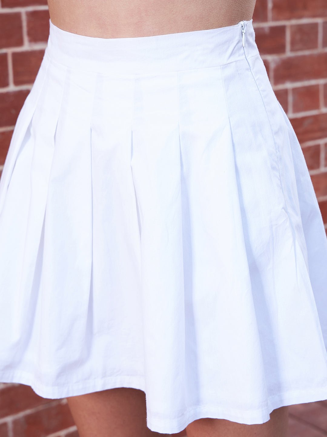 Folk Republic Women Solid White Elastic Waistband Cotton Slip-On Pleated Mini Skirt - #folk republic#