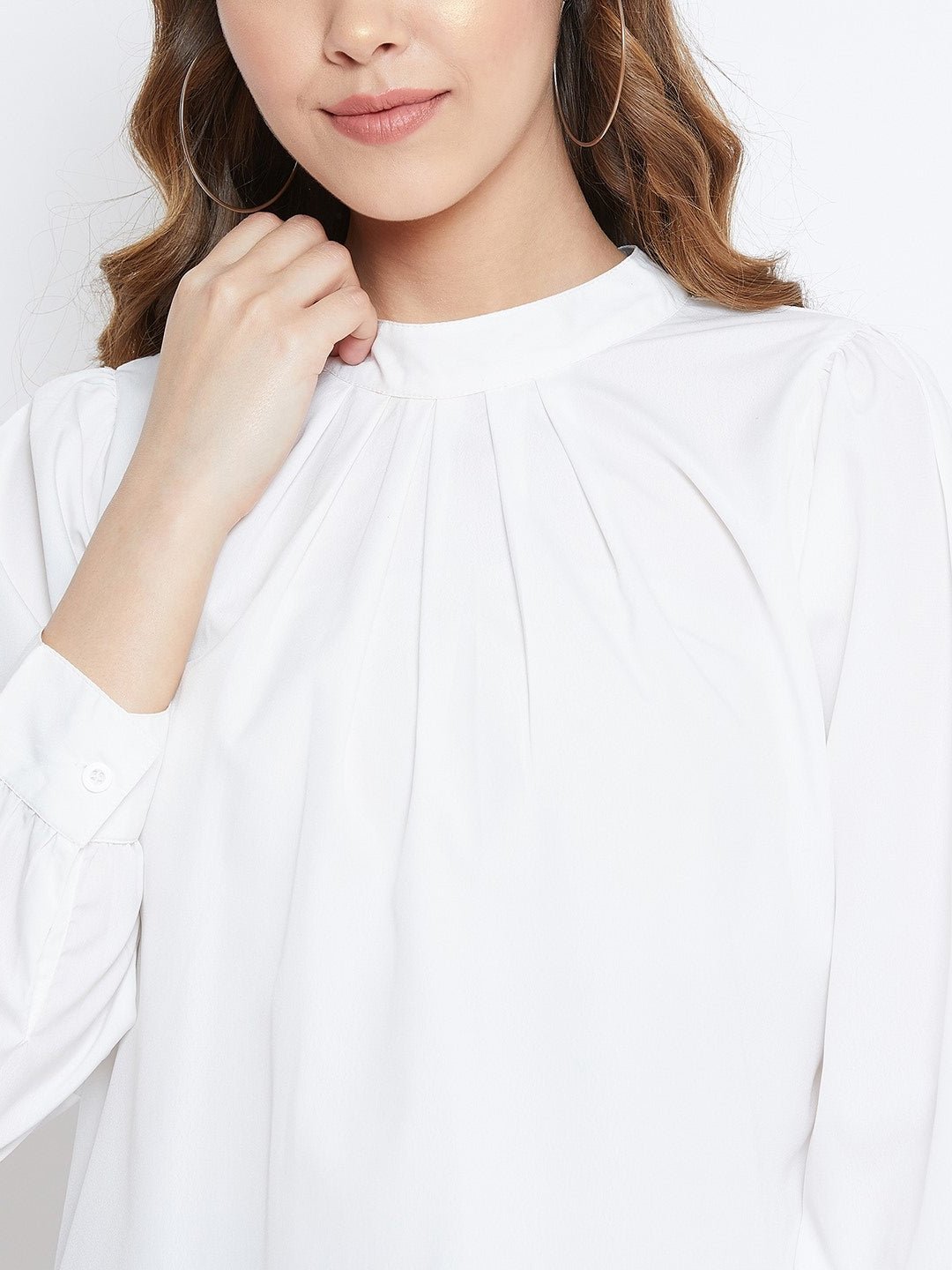 Folk Republic Women Solid White High-Neck Pleated Top - #folk republic#