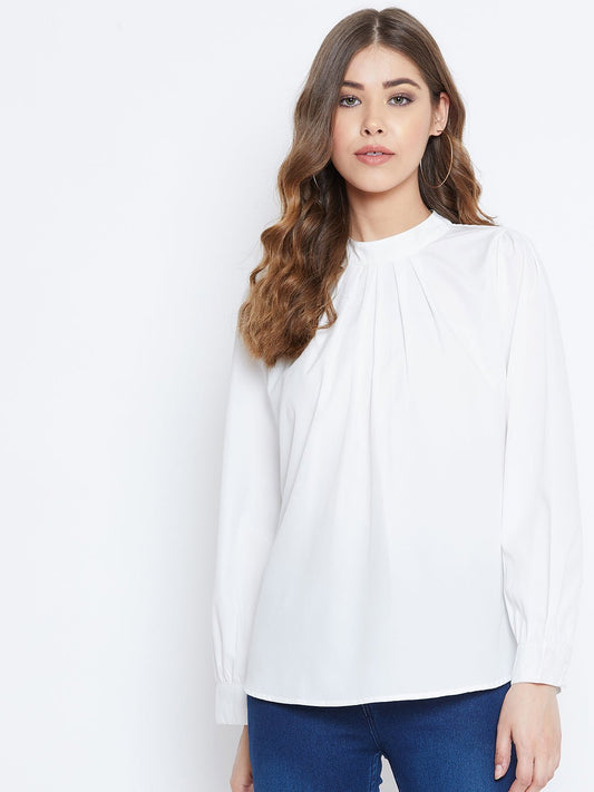 Folk Republic Women Solid White High-Neck Pleated Top - #folk republic#