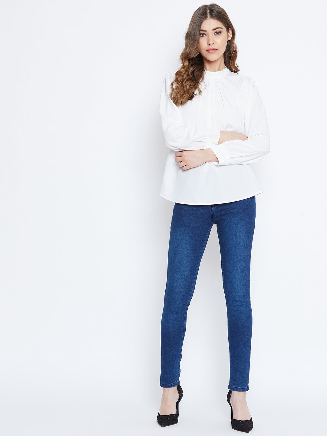 Folk Republic Women Solid White High-Neck Pleated Top - #folk republic#