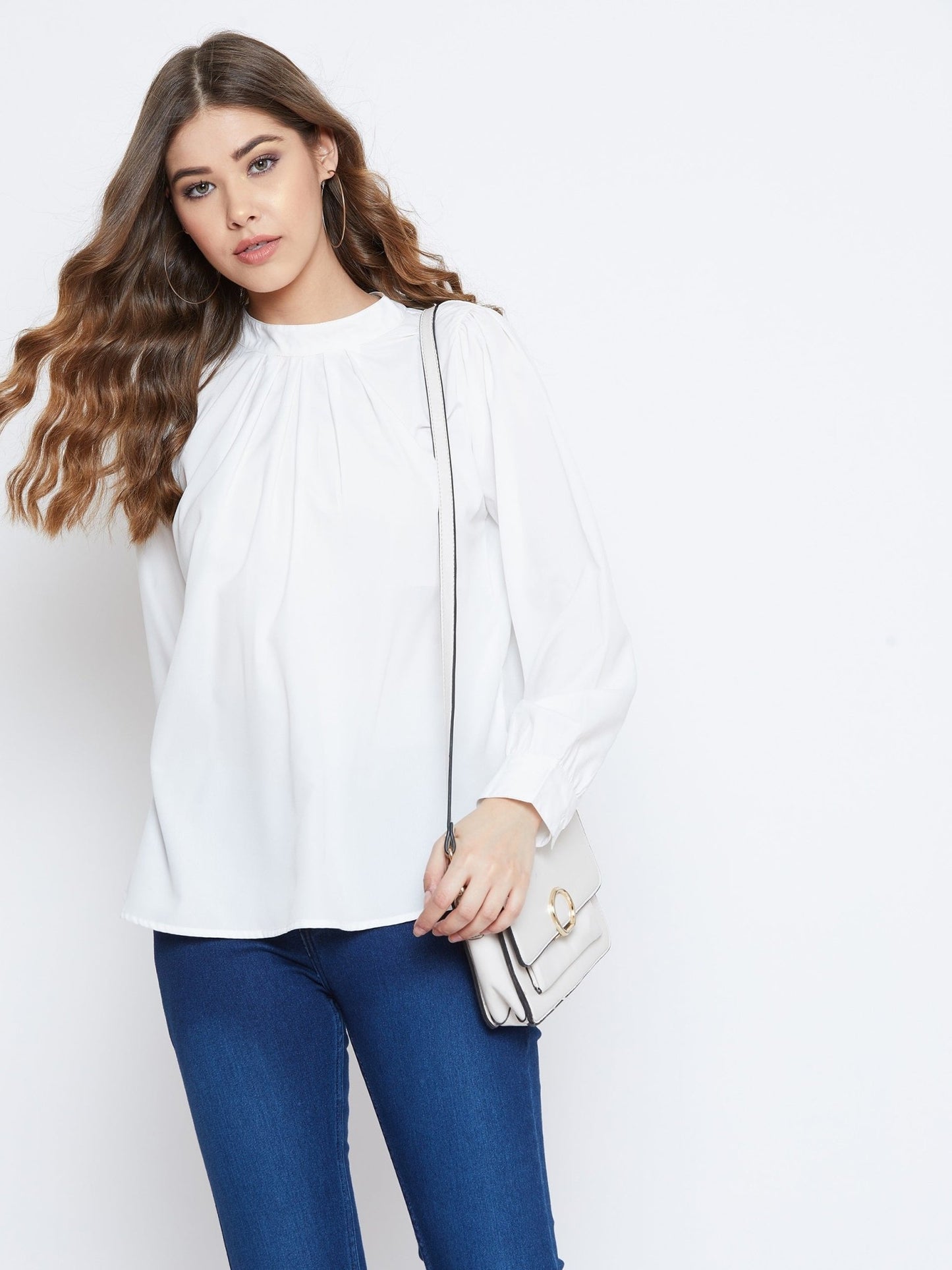 Folk Republic Women Solid White High-Neck Pleated Top - #folk republic#